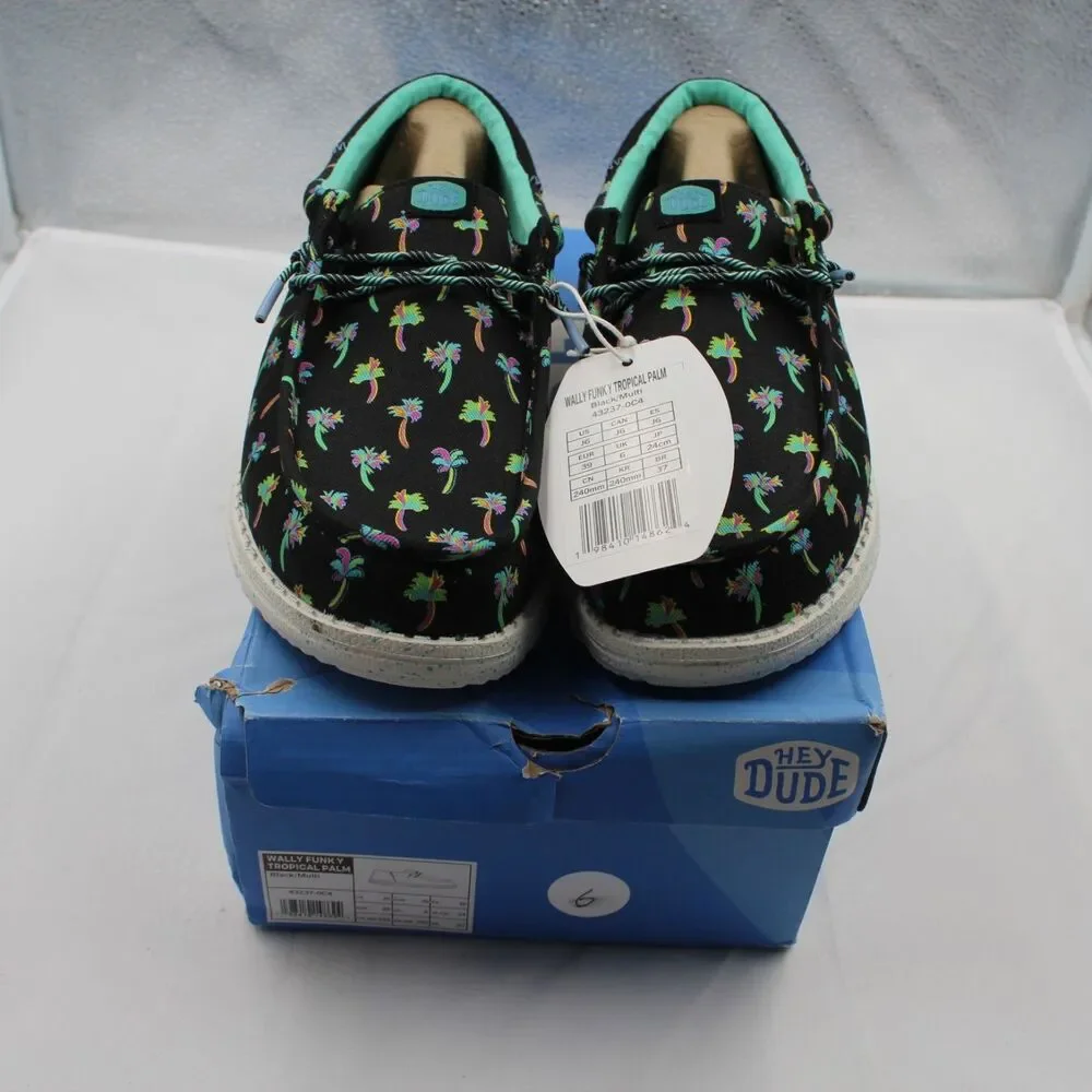 HEYDUDE Wally Funk Tropical Palm Youth Size 6 Junior Slip On Shoes Black Multi
